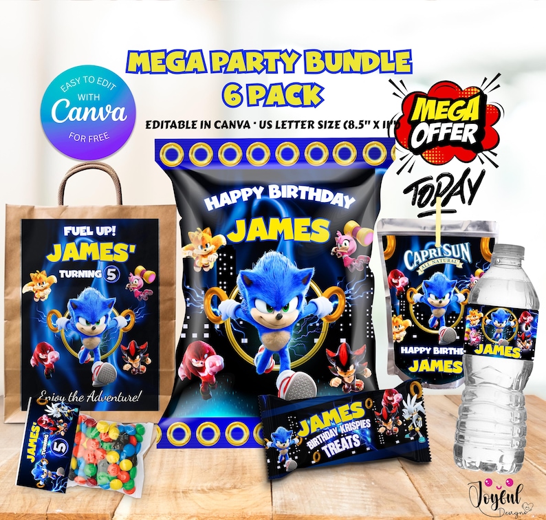 May include: A party bundle featuring a blue hedgehog character, with the text "MEGA PARTY BUNDLE 6 PACK" and "HAPPY BIRTHDAY JAMES". Includes a gift bag, chip bag, Capri Sun, water bottle, and candy. The theme is a birthday celebration.