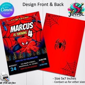Op de afbeelding: Een rode en zwarte uitnodiging met een Spiderman-thema. De uitnodiging luidt "Het is tijd om een held te zijn" en "Marcus wordt 4 jaar". De uitnodiging bevat een Spiderman-personage, een webdesign en de tekst "Vier met ons mee!" met details over het evenement.