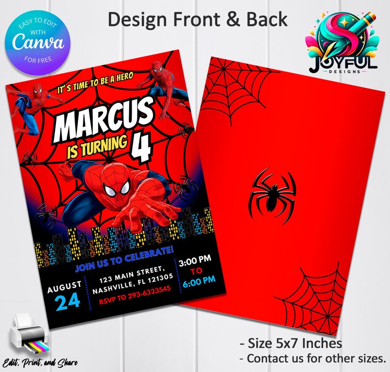 Op de afbeelding: Een rode en zwarte uitnodiging met een Spiderman-thema. De uitnodiging luidt "Het is tijd om een held te zijn" en "Marcus wordt 4 jaar". De uitnodiging bevat een Spiderman-personage, een webdesign en de tekst "Vier met ons mee!" met details over het evenement.