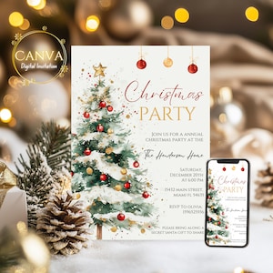 May include: A digital invitation for a Christmas party at The Henderson Home. The invitation features a watercolor illustration of a Christmas tree with red and gold ornaments. The text on the invitation reads "Christmas Party" and includes the date, time, address, and RSVP information.