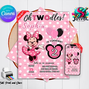 Editable Oh TWOdles Birthday digital Invitation 2nd birthday Minnie Second Birthday Invite cute mouse Invitation girl Minnie Invite 5x7