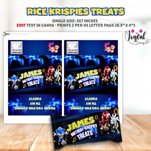 May include: A sheet of paper with two printed designs for Rice Krispies Treats, featuring the text "James Birthday Krispies Treats" and cartoon characters. The design is blue with lightning bolt graphics. The text "Thank you for coming to my party!" is also included.