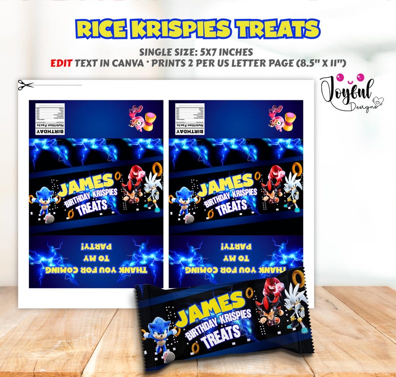 May include: A sheet of paper with two printed designs for Rice Krispies Treats, featuring the text "James Birthday Krispies Treats" and cartoon characters. The design is blue with lightning bolt graphics. The text "Thank you for coming to my party!" is also included.