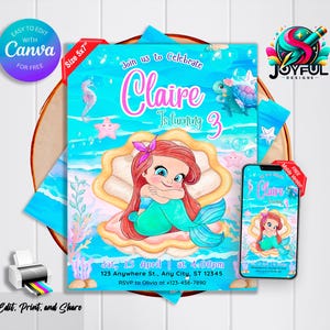 Editable The Little Mermaid Birthday Invitation | Cute Ariel Invitation Template | Printable & Editable | Edit with Canva | Instant Download