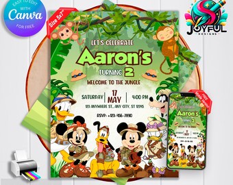 Bearbeitbare Einladung zur Mickey-Mouse-Safari, Vorlage für eine Einladung zur Maus-Safari, Safari-Geburtstagsparty, bearbeitbare Mickey-Mouse-Safari-Geburtstagskarte