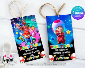 Printable Mario Galaxy Favor Tags - Cute Thank You Tags - Super Mario Bros Tag - Size 2x3.5 Inches - Canva template - Instant Download