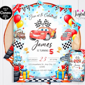 May include: A 5x7 inch birthday invitation template featuring a red race car, checkered flags, balloons, and gift boxes. The text reads Join us to Celebrate, James IS TURNING 5, Saturday 23 at 8 PM, 123 Anywhere St., Any City, ST 12345, and Rsvp at +123-457-7890.