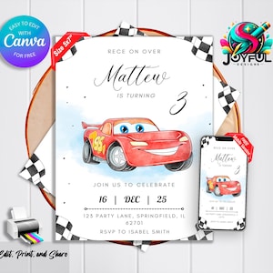 Puede incluir: Una invitación de cumpleaños imprimible con un coche de carreras rojo de dibujos animados sobre un fondo de bandera a cuadros. La invitación dice "Race on over, Matthew is turning 3. Join us to celebrate 16 | Dec | 25. 123 Party Lane, Springfield, IL 62701. RSVP to Isabel Smith."