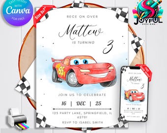 Lightning McQueen Birthday Invitation | Editable & Printable Template | Watercolor Cars Invitation | Easy Edit in Canva | Instant Download