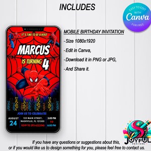 Op de afbeelding: Een mobiel telefoonscherm toont een verjaardagsuitnodiging voor een jongen genaamd Marcus die 4 jaar wordt. De uitnodiging toont een rood en blauw Spiderman-personage met een stadsachtergrond. De tekst "It's time to be a hero" staat bovenaan de uitnodiging. De uitnodiging bevat de datum, tijd en locatie van het feest. De tekst "Join us to celebrate!" staat onderaan de uitnodiging.