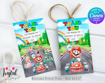 Mario Kart Favor Tags, Mario Birthday Thank You Tags, Super Mario Party Favors, Printable Favor Tags, Gamer Birthday, Canva Template