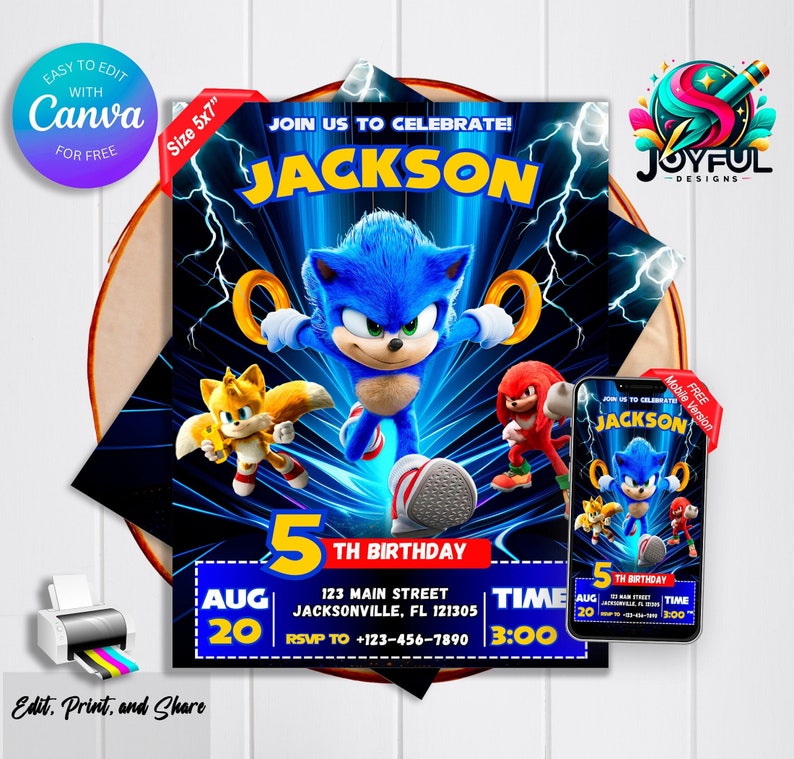 May include: A blue and red Sonic the Hedgehog birthday invitation with a blue and white lightning bolt background. The invitation features a cartoon image of Sonic the Hedgehog, Tails, and Knuckles. The text on the invitation reads "Join us to celebrate! Jackson 5th Birthday" and includes the date, time, and RSVP information.