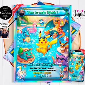 May include: A 5x7 inch digital birthday invitation template featuring a pool party scene with various animated creatures wearing sunglasses. The text reads Time to make Splash!, Jack Is Turning 7, The Smith Family Home, 123 Maple Avenue Orlando, Saturday 11:00 AM, and August 1.