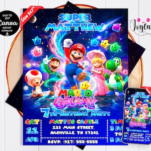 Puede incluir: Una tarjeta de invitación de 5x7 pulgadas con Mario y sus amigos del juego Mario Galaxy. El diseño incluye el texto "Super Matthew" y detalles para una fiesta de 7 cumpleaños. El fondo es una vibrante escena espacial.