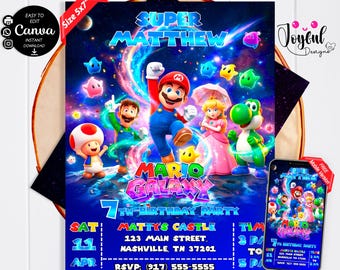 Super Mario Galaxy Birthday Invitation, Awesome Mario Party Invite, Canva Template, Mobile & Printable, Digital Download, Space Galaxy Kid