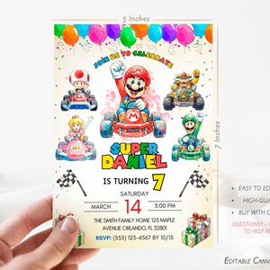 Zaproszenie na urodziny Mario Kart – edytowalny szablon Canva | Zaproszenie na imprezę Mario Kart w akwareli | Wydrukowane i cyfrowe zaproszenie na urodziny chłopca zdjęcie 2