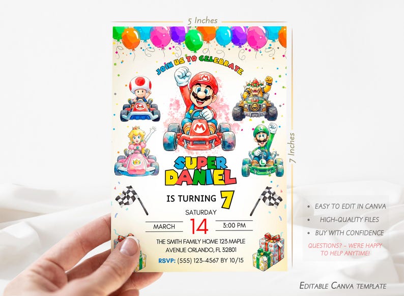 Zaproszenie na urodziny Mario Kart – edytowalny szablon Canva | Zaproszenie na imprezę Mario Kart w akwareli | Wydrukowane i cyfrowe zaproszenie na urodziny chłopca zdjęcie 2