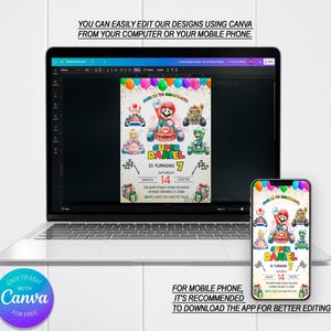 Może przedstawiać: Laptop i smartfon wyświetlają kolorowe zaproszenie urodzinowe z postaciami Mario w gokartach. Zaproszenie głosi "Super Daniel kończy 7 lat" ze szczeg&oacute;łami wydarzenia. Widoczne jest logo Canva.