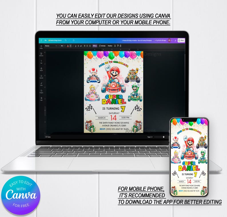 Może przedstawiać: Laptop i smartfon wyświetlają kolorowe zaproszenie urodzinowe z postaciami Mario w gokartach. Zaproszenie głosi "Super Daniel kończy 7 lat" ze szczeg&oacute;łami wydarzenia. Widoczne jest logo Canva.