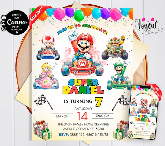 Mario Kart Birthday Invitation Editable Canva Template | Watercolor Mario Kart Party Invite | Printable & Digital Boy Birthday Invitation