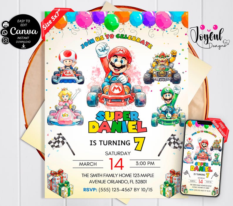 Może przedstawiać: Kolorowe zaproszenie urodzinowe z postaciami z Mario Kart. Zaproszenie zawiera tekst "Super Daniel kończy 7 lat" z datą, godziną i miejscem. Wyświetlana jest r&oacute;wnież wersja mobilna zaproszenia.
