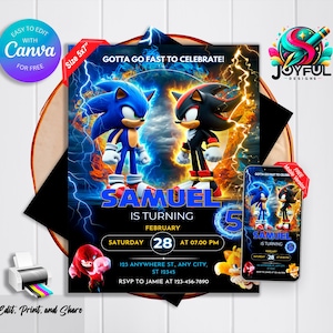 Invitation d'anniversaire de Sonic l'hérisson | Modèle modifiable et imprimable | Super invitation à une fête Sonic | Modification facile dans Canva | Téléchargement instantané