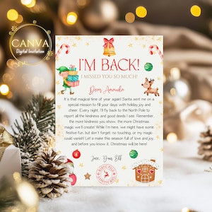 Puede incluir: Una invitación digital de Navidad con el texto "I'M BACK! I MISSED YOU SO MUCH!" y un mensaje de un elfo. El diseño incluye ilustraciones de un elfo, renos, bastones de caramelo y una casa de jengibre. La invitación está decorada con elementos festivos.