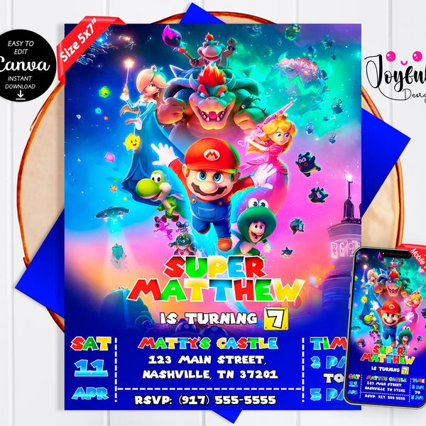 Mario Galaxy Birthday Invitation | Editable Super Mario Party Invite | Mario Galaxy Digital & Printable Invite Template | Editable in Canva