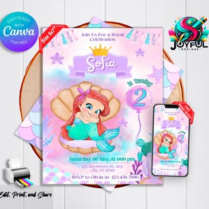 Editable The Little Mermaid Birthday Invitation | Cute Ariel Invitation Template | Printable & Editable | Edit with Canva | Instant Download