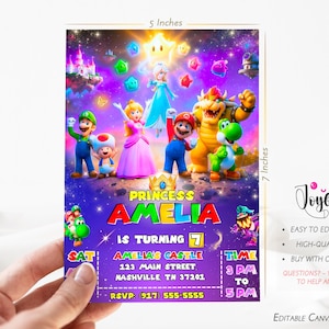 May include: A 5 x 7 inch invitation card featuring a colorful design with characters from the Super Mario Bros. video game. The card is for a birthday party, with the text "Princess Amelia is turning 7". The card includes party details.
