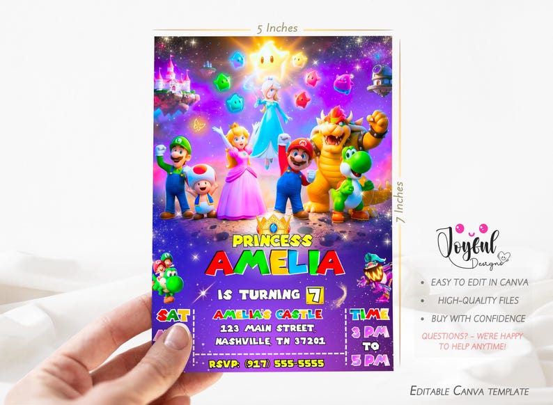 May include: A 5 x 7 inch invitation card featuring a colorful design with characters from the Super Mario Bros. video game. The card is for a birthday party, with the text "Princess Amelia is turning 7". The card includes party details.