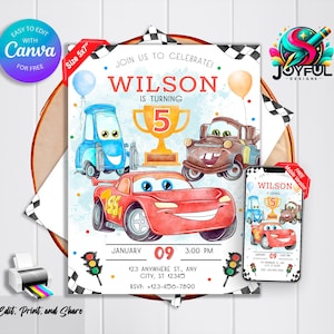 Cars Birthday Invitation | Lightning McQueen Party Invitation | Editable & Printable Template | Customizable in Canva | Instant Download
