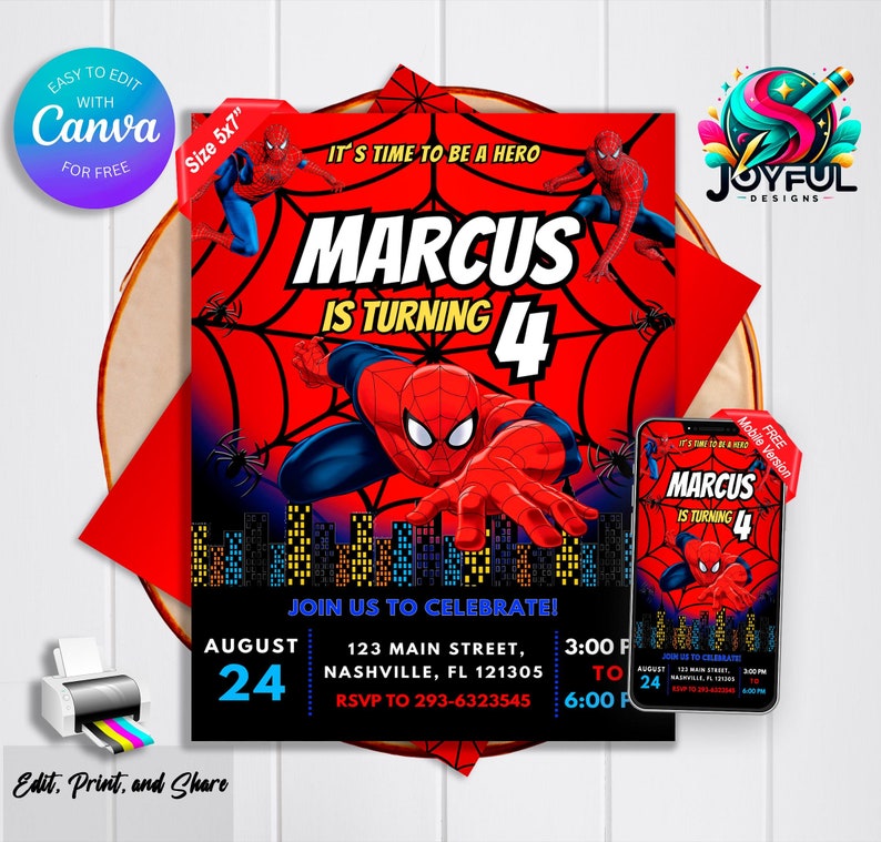 Op de afbeelding: Een rode en blauwe Spiderman-verjaardagsuitnodiging met een zwarte achtergrond. De uitnodiging zegt "It's time to be a hero" en "Marcus is turning 4". De uitnodiging bevat een datum, tijd en locatie voor het feest. De uitnodiging bevat ook een mobiele versie van de uitnodiging.