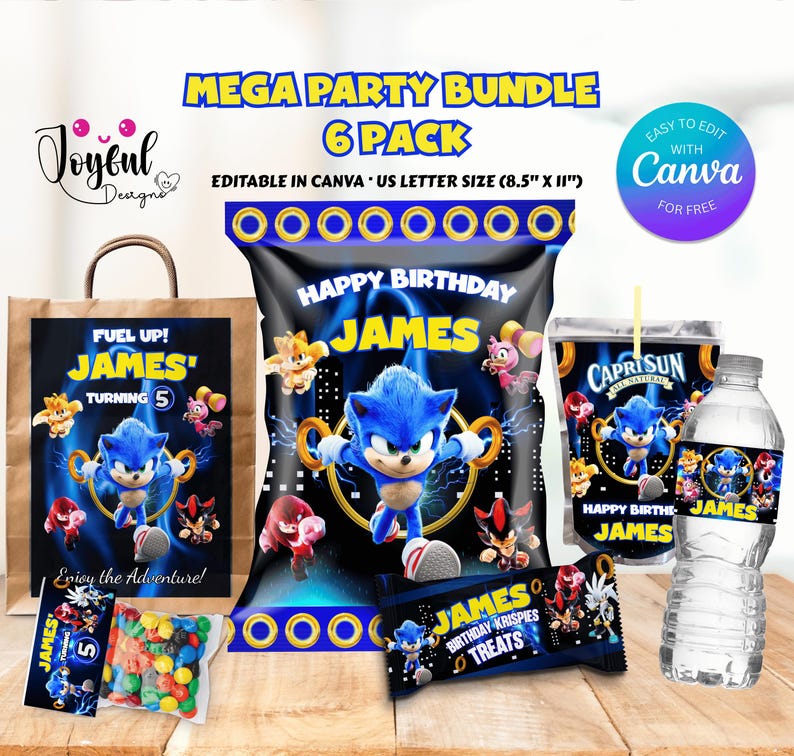 May include: A party bundle featuring a blue hedgehog character, with the name "James" and the text "Happy Birthday." Includes a bag, a juice box, a water bottle, and other treats. The theme is a birthday celebration.