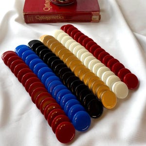 Puede incluir: Una colección de fichas de juego circulares y planas dispuestas en cinco filas paralelas. Los colores incluyen rojo, azul, negro, dorado y blanco. Cada fila consta de varios discos idénticos, creando una exhibición uniforme y organizada.