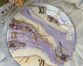 Handmade Purple Resin Wall Clock,  Roman Numerals, Crystal Accents