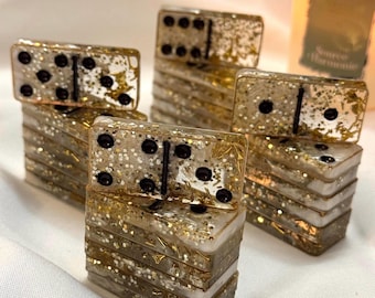 Handmade Golden Resin Domino Set, Gilded Edge Party Game