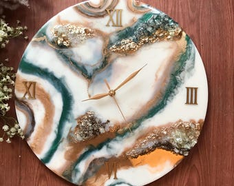 Green and Gold Resin Wall Clock, Crystal Accent, Silent Movement