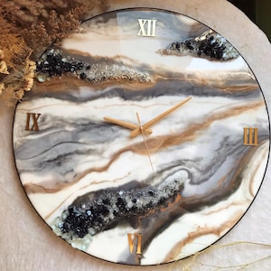 Geode Resin Wall Clock, Black, White & Gold Marble Effect, Handmade Epoxy Art
