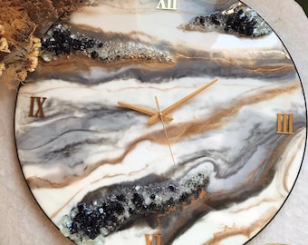 Geode Resin Wall Clock, Black, White & Gold Marble Effect, Handmade Epoxy Art