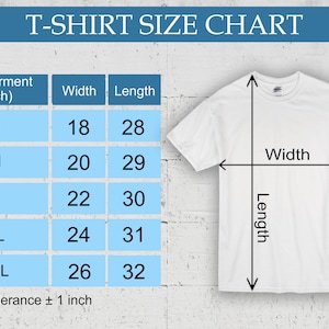 May include: White t-shirt with a size chart. The chart shows measurements in inches for width and length, ranging from size S to 2XL. The text "T-SHIRT SIZE CHART" is at the top. The Double VI logo is in the upper right corner.