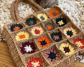 Borsa tote in paglia floreale fatta a mano: borsa a tracolla intrecciata ecologica