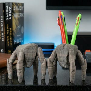 May include: A pair of gray, spider-shaped pen holders. Each holder has eight legs and a central body, with three pens in the right holder. The pens are red, green, and blue. Books are in the background.