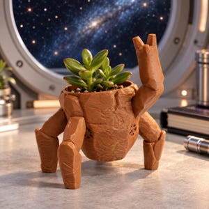 May include: A brown, rock-textured planter shaped like a multi-legged creature with one raised arm. The planter holds a small green succulent plant with thick, rounded leaves. The exterior surface features a rough, stone-like appearance.