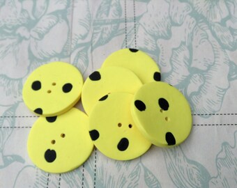 Six bright yellow handmade round spotty buttons..OOAK design...