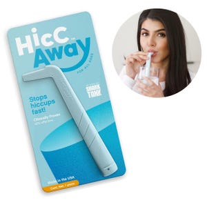 May include: A light blue plastic device called "Hicc Away" is shown on a blue and white package. The device is shaped like a curved straw and is designed to help stop hiccups. The package also features the text "Stops hiccups fast!" and "Clinically Proven 92% effective".