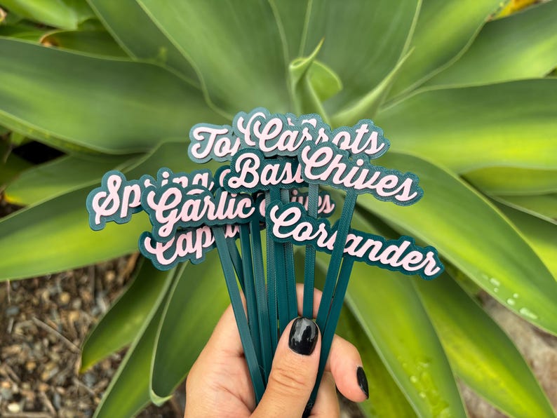 May include: A set of green plant markers with pink lettering. The markers are labeled with the names of herbs and vegetables, including "To Carrots", "Basil", "Chives", "Spring Garlic", "Cap", and "Coriander".
