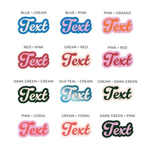 May include: A collection of colorful text designs in a retro style. Each design features the word "Text" in a bold, cursive font with a contrasting outline. Color combinations include blue, pink, orange, red, green, and cream.