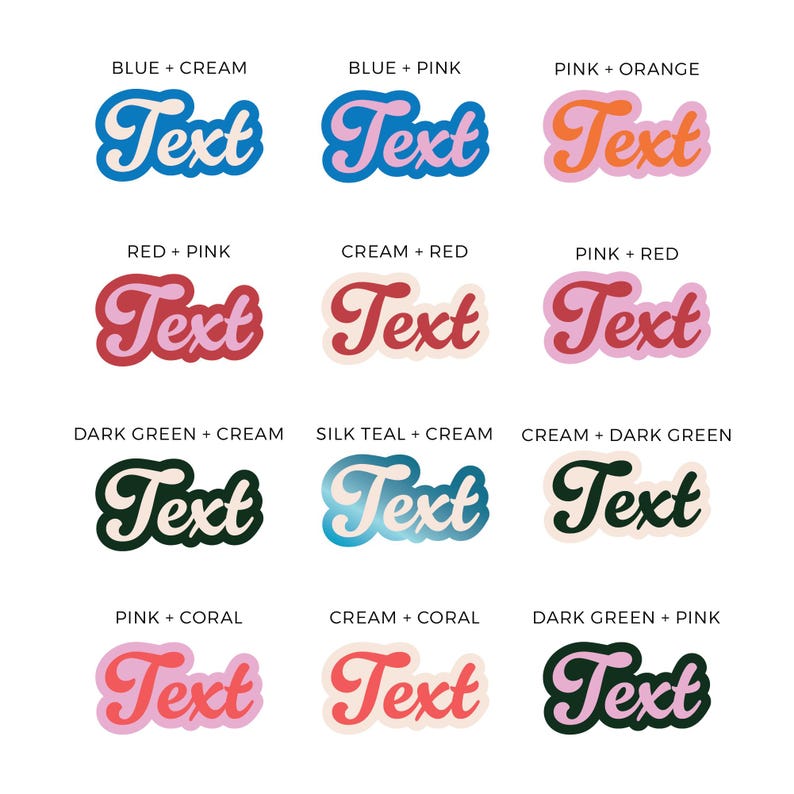 May include: A collection of colorful text designs in a retro style. Each design features the word "Text" in a bold, cursive font with a contrasting outline. Color combinations include blue, pink, orange, red, green, and cream.