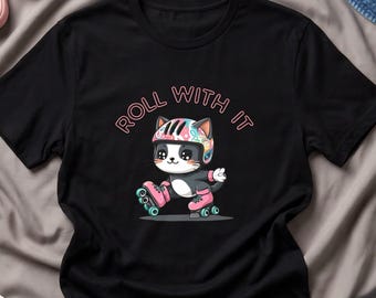 T-shirt Cat on Rollerblades | Roll With It Kitty T-shirt met korte mouwen | Skater Cats